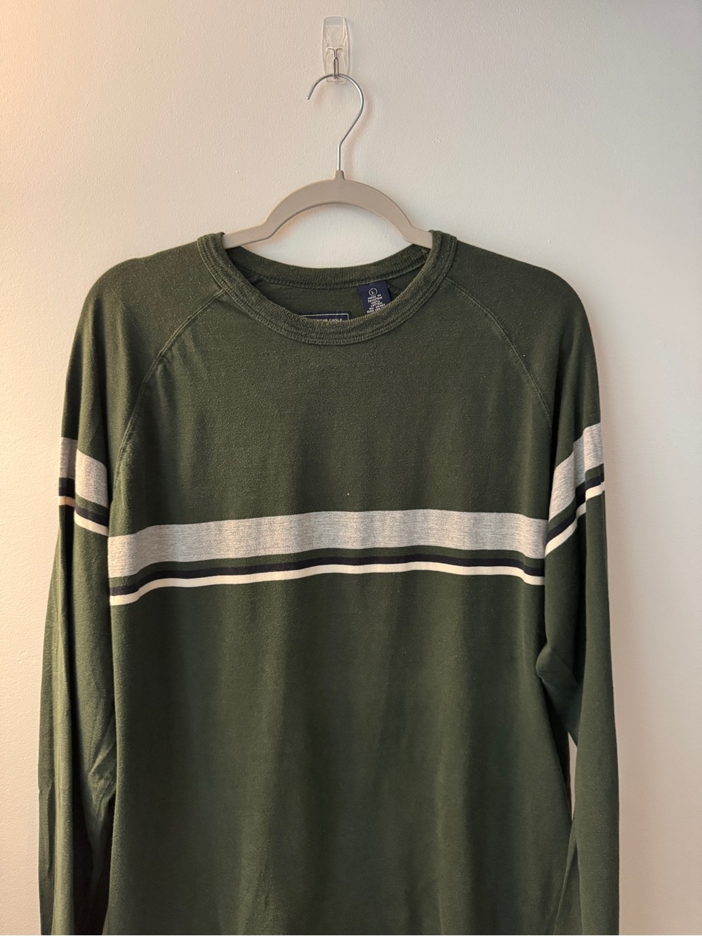 American Eagle Outfitters Olive Green Crewneck with White and Black Stripes